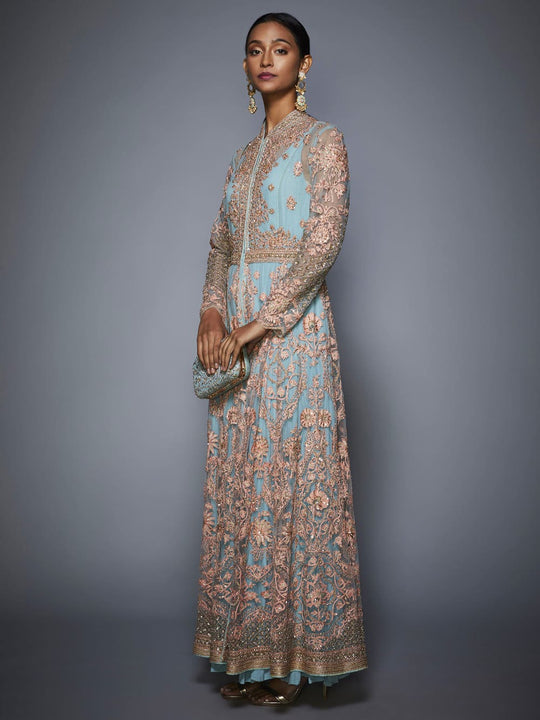 Beautiful Sequence Work Blue Color Gown With Jacket - Cloths
